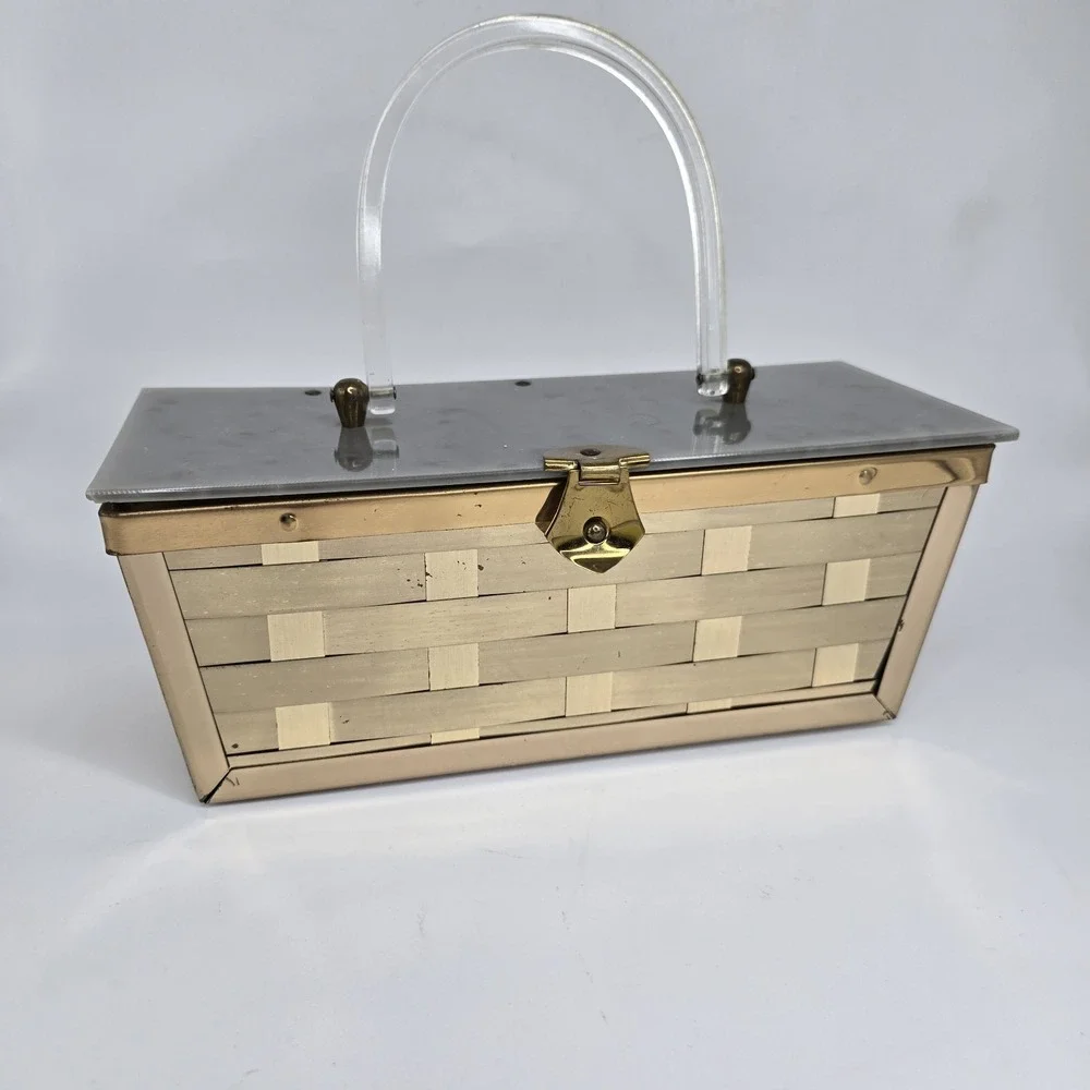 VTG Women's 50s 60s Gold Tone Woven Metal Basket Weave Hand Bag Purse Lucite Top